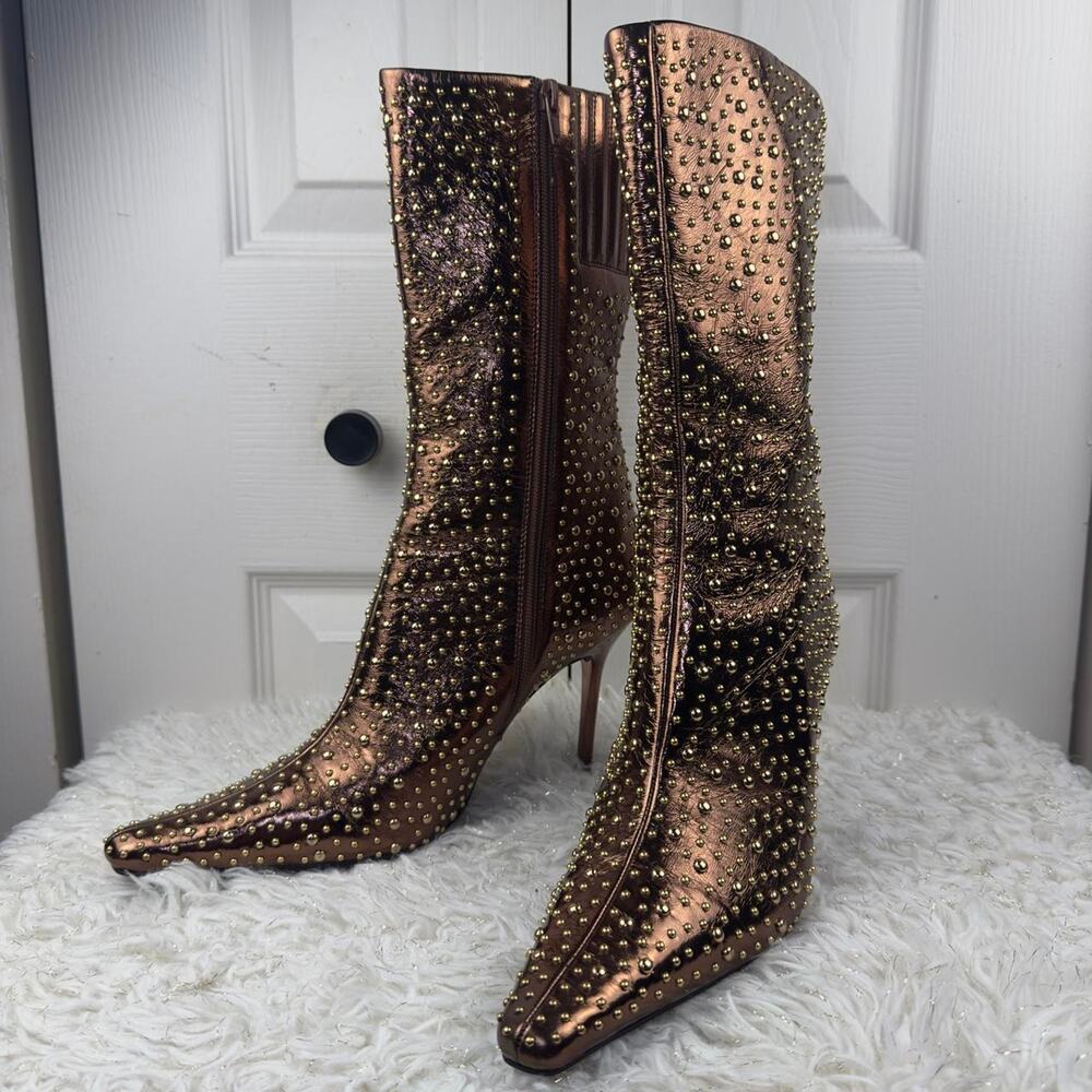 Jeffrey Campbell Bronze Studded Metallic Ankle High Boots Pointed Toe Heels - Picture 2 of 5